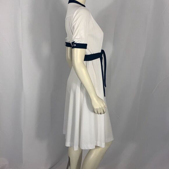 Vintage White Navy Half Button Short Sleeve Dress with Tie Waist Belt Size Mediu - Picture 7 of 15